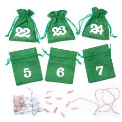 Green Jute Bags Advent calendar, 12 x 15 cm + white numbers Christmas bag