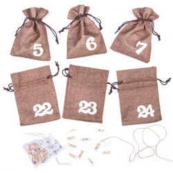 Decorative custom advent calendar - jute bags -13 x 18 cm, natural dark colour + white numbers Christmas bag