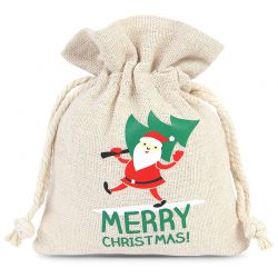 Pouches like linen with printing 12 x 15 cm - natural / Santa Claus Christmas bag