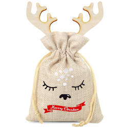 13 x 18 cm jute pouch - Christmas + wooden bauble with antlers Christmas bag