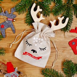 13 x 18 cm jute pouch - Christmas + wooden bauble with antlers Burlap bags / Jute bags