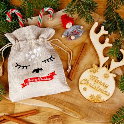 13 x 18 cm jute pouch - Christmas + wooden bauble with antlers Gift ideas
