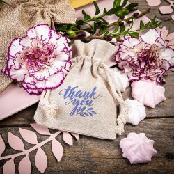 Pouches like linen with printing 9 x 12 cm - natural / thank you /2 Baby Shower