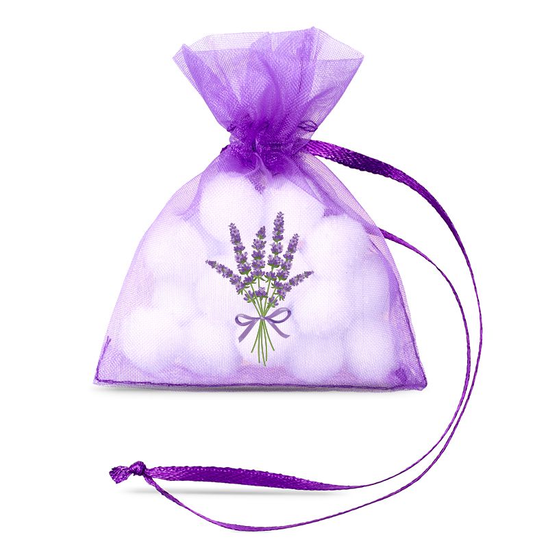 10 pcs Organza bags 7 x 9 cm - purple dark with print lavender 