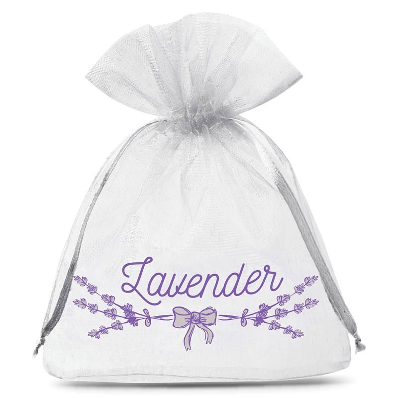10 pcs Organza bags 10 x 13 cm - white with print (lavender)