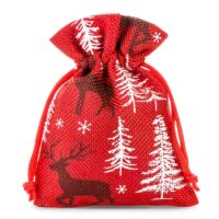 Burlap bags 10 x 13 cm - red / reindeer Christmas bag