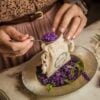Pouches like linen with printing 9 x 12 cm - natural / lavender Table decoration