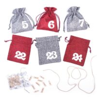 Burgundy & Silver Advent calendar jute bags (12 x 15 cm) + white numbers Christmas bag